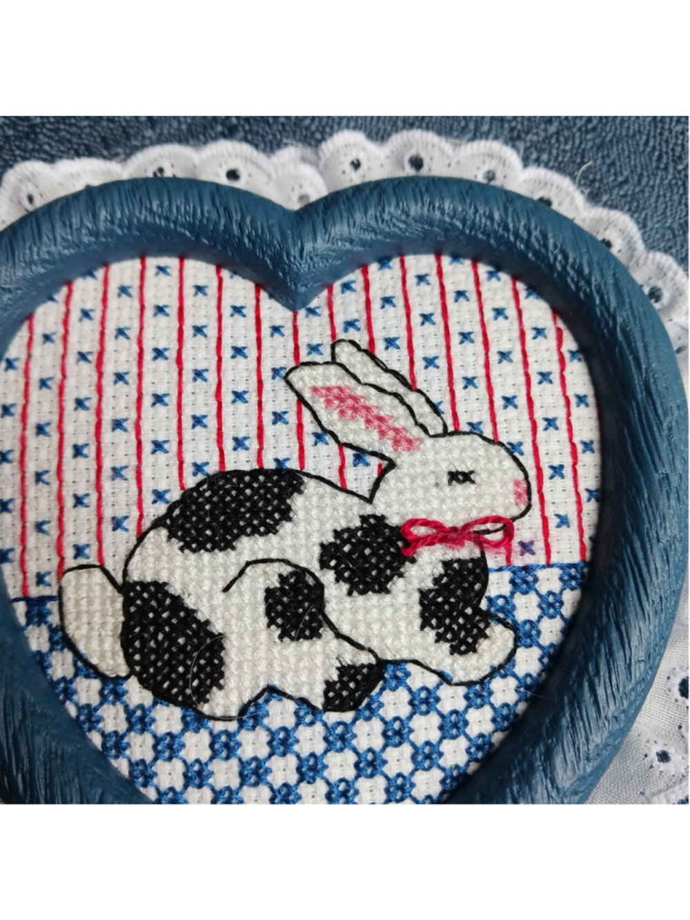 Cottage Core Calico Bunny Across Stitch Heart Lace Frame